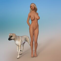 3d 3d_(artwork) after_sex animal_genitalia animal_penis big_breasts blonde_hair blue_eyes bodily_fluids breasts canid canine canine_genitalia canine_penis canis cum cum_drip cum_on_body curvy_figure digital_media_(artwork) domestic_dog dripping duo female feral fur genital_fluids genitals hair hannah_palmer hi_res human jollybizz looking_away male male/female mammal mixed_breed penis skinny small_waist tanned white_body white_fur zoophilia