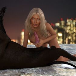 3d_(artwork) animal_genitalia animal_penis big_breasts blonde_hair blue_eyes breasts canid canine canine_genitalia canine_penis canis digital_media_(artwork) distant_city domestic_dog duo erection female feral genitals hair handjob hannah_palmer hi_res holding_penis human jollybizz knot long_hair looking_at_viewer male male/female mammal outside penile penis sex small_waist tanned urban zoophilia