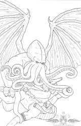 2012 anal anal_sex animal_humanoid anthro avian balls cephalopod cephalopod_humanoid cthulhu cthulhu_mythos deity demon duo egyptian_mythology eldritch_abomination erection gay genitals h.p._lovecraft horus humanoid line_art male male/male marine marine_humanoid membrane_(anatomy) membranous_wings middle_eastern_mythology mollusk mollusk_humanoid monster mythology navel penetration penis rough_sex sex tentacle wings yaoi ykoriana