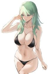 1girls adjusting_hair alternate_costume bare_midriff bare_shoulders bare_thighs bikini black_bikini black_swimsuit breasts byleth_(fire_emblem) byleth_(fire_emblem)_(female) cleavage collarbone female female_only fire_emblem fire_emblem:_three_houses green_eyes green_hair kesoshirou large_breasts long_hair looking_down midriff nintendo shoulders sideboob solo source_request swimsuit thighs white_background