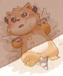 anthro blush bodily_fluids chibi crave_saga cum cum_on_face featureless_crotch fur garouzuki genital_fluids hi_res lying male nude on_back orange_body orange_fur orto_(crave_saga) pawpads solo unknown_species wings