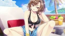 daisy_dukes female female_only game_cg looking_at_viewer ocean sakrako_onda_(marco_&_the_galaxy_dragon) sakurako_(marco_&_the_galaxy_dragon) screencap swimsuit swimsuit_under_clothes