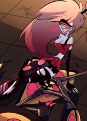 1boy 1boy1girl 1girls cherri_bomb_(hazbin_hotel) cherrisnake fully_clothed fully_clothed_female fully_clothed_male hazbin_hotel head_between_thighs heart sir_pentious_(hazbin_hotel) tagme usagi_star