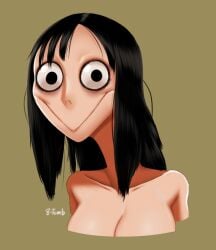 1girls 8-tomb asian avian big_eyes black_eyes cleavage creepypasta curvy female light_skin looking_at_viewer momo_(creepypasta) thick_lips tits very_long_hair wide_eyed