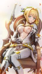 1girls 3d 3d_(artwork) blender blender_(software) blonde_hair braid braided_hair breasts_out breasts_together breasts_touching duckmaster fate/extella_link fate/extra fate/extra_ccc fate/grand_order fate_(series) female female_only green_eyes large_breasts light-skinned_female looking_at_viewer nero_claudius_(bride) nero_claudius_(fate) nero_claudius_(fate)_(all) nipples pinup short_hair sitting solo tied_hair undressing