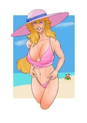 1girls artist_request beach big_breasts blonde_hair blue_eyes breasts busty cataquack female female_only highres large_breasts legs lipstick long_hair looking_at_viewer makeup mario_(series) navel nintendo ocean pink_lips princess princess_peach source_request super_mario_sunshine tank_top thighs thong toned voluptuous water