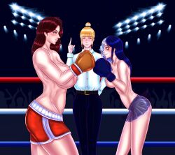 3girls big_breasts boxing boxing_gloves boxing_ring breasts brown_boxing_gloves brown_gloves dark_blue_boxing_gloves dark_blue_gloves different_breast_sizes female female_only gloves light-skinned_female light_skin medium_breasts nipples niramoli original original_character original_characters partially_clothed public_topless red_shorts referee shorts size_difference skirt topless topless_boxing topless_female trio