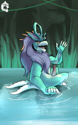 1boy absurd_res anthro casual_nudity erection foreskin foreskin_folds fully_retracted_foreskin genitals gesture hi_res humanoid_genitalia humanoid_penis intact lake long_hair_male male male/male male_anthro male_only nintendo open_mouth outside penis pokemon purple_hair smooth_penis solo tail thekinkybear uncut walking_wake waving