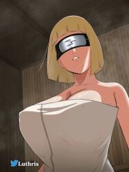 1girls animated bare_chest bare_shoulders barely_clothed big_breasts blindfold blonde_hair blunt_bangs bob_cut breasts breasts_bigger_than_head covered_eyes female female_only forehead_protector headband huge_breasts human human_only improvised_blindfold improvised_bondage kumogakure_symbol kunoichi large_breasts luthris mature mature_female naruto naruto_(series) naruto_shippuden ninja samui sauna solo solo_female solo_focus steam sweat sweatdrop top_heavy towel towel_only upper_body voluptuous