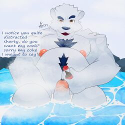 anthro bear belly blue_hair blue_nose brown_eyes coca-cola dad_bod daddy dilf erect_penis erection exposed_penis fat_belly horny hot_spring huge_belly huge_cock innie_belly_button laying_down male_only naked nude_male pecs pink_nipples polar_bear pov sitting steam white_fur