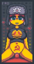 1boy 1girls big_belly clothing countryhumans countryhumans_girl cumflation east_germany_(countryhumans) female female_focus gray_background green_eyes hat heart inflation male medium_breasts penetration perse_*_blyat pixel_art red_body red_skin tagme yellow_body yellow_skin