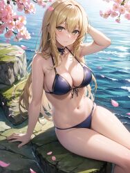 1girls ai_generated aiz_wallenstein beach bikini blonde_hair blush curvy_body curvy_figure dungeon_ni_deai_wo_motomeru_no_wa_machigatteiru_darou_ka female_focus female_only high_resolution highres long_hair medium_breasts sitting stable_diffusion water yellow_eyes