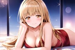 1girls ai_generated arm_support ass bed big_breasts blonde_hair busty dress hi_res large_breasts looking_at_viewer lying on_stomach otonari_no_tenshi-sama_ni_itsu_no_mani_ka_dame_ningen_ni_sarete_ita_ken pose posing shiina_mahiru smile the_pose yellow_eyes