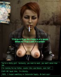 ai_generated bethesda_softworks breasts cigarette english_text fallout fallout_3 female female_only nova_(fallout) prostitution solo solo_female text