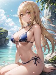 1girls ai_generated aiz_wallenstein bikini blonde_hair curvaceous curvy_body curvy_female curvy_figure dungeon_ni_deai_wo_motomeru_no_wa_machigatteiru_darou_ka female_focus female_only high_resolution highres long_hair looking_at_viewer seductive_eyes stable_diffusion