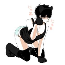 all_fours alternate_costume annoyed armband black_hair black_legwear black_thighhighs blush cat_ears catboy crossdressing embarrassed fake_animal_ears full_body gintama hijikata_toshiro male male_only mame_(pixiv) panties paw_gloves paw_shoes solo striped_panties tank_top thighhighs