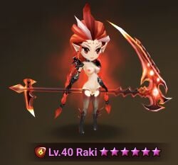 demon demon_girl front_view medium_breasts monster_girl naked nude pussy raki_(summoners_war) red_eyes red_hair standing summoners_war weapon