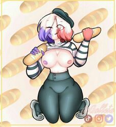 1girls baguette beret big_breasts bread clothing countryhumans countryhumans_girl exposed_breasts female female_only france_(countryhumans) la_galleta medium_breasts multicolored_hair short_hair squatting tagme three_tone_hair two_tone_nipples white_body white_eyes white_skin