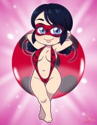 1girls alternate_version_available arms_behind_head barefoot belem_takeda big_breasts black_hair blue_eyes chibi cute eye_mask female female_only full_body ladybug_(character) looking_at_viewer marinette_cheng marinette_dupain-cheng mask miraculous_ladybug slingshot_swimsuit smile solo solo_female swimsuit