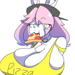 big_breasts black_hat breasts bunny_ears busty_boy collar collar_bell crazyghost555 peanut_butter_(theycallhimcake) pink_hair pizza rabbit_ears simple_background tagme white_background white_body yellow_shirt