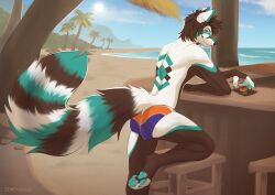 absurd_res ailurid anthro ass beverage bulge canid canine clothed clothing fluffy fluffy_tail fox fur hair hi_res hybrid looking_at_viewer male mammal paws red_panda smile solo swimwear tail watermark zempy3