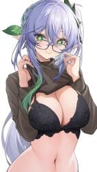 bra catsmoon genshin_impact lace-trimmed_bra megane nahida_(genshin_impact) navel pointy_ears shirt_lift touching_hair undressing youxuemingdie