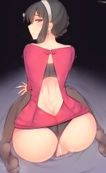 ... 1girls ass back bar_censor black_hair black_panties black_thighhighs blush braid censored closed_mouth clothing_aside female female_only from_behind hairband highres human light-skinned_female light_skin looking_at_viewer looking_back mukka panties panties_aside pussy red_eyes sex_from_behind sidelocks sitting solo spoken_ellipsis spy_x_family thighhighs underwear wariza yor_briar