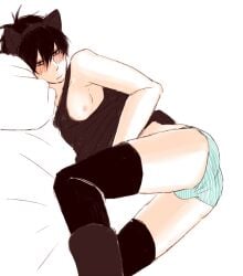 alternate_costume black_hair black_legwear black_thighhighs blush bulge cat_ears colored_sketch embarrassed fake_animal_ears gintama hairband hijikata_toshiro looking_at_viewer male male_only mame_(pixiv) on_bed on_side panties solo striped_panties tank_top thighhighs