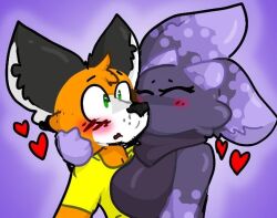 big_breasts blush breasts creature crush curves curvy curvy_body curvy_female curvy_figure female fox fox_ears furry furry_only girly hairless hand_on_head huge_breasts kissing kissing_cheek kobold large_breasts love purple_background shocked spaceysoda sweater volfenf