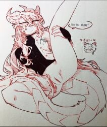 1girls black_clothing blushing china_(countryhumans) clothing countryballs countryhumans countryhumans_girl eastern_dragon english_text exposed_pussy female feminine heart horns japan_(countryhumans) kitsune legs legs_apart long_hair pussy tagme tail text wavy_hair