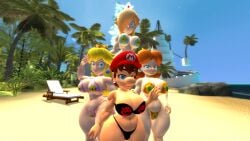 3d 4girls beach big_breasts bikini blonde_hair blue_eyes brown_hair busty child_bearing_hips cleavage female genderswap_(mtf) hand_on_hip hi_res huge_breasts long_hair looking_at_viewer mariette mario_(series) multiple_girls navel nintendo princess princess_daisy princess_peach princess_rosalina rule_63 short_hair smile voluptuous water wide_hips