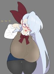 1girls 2023 aster_(vammzu) breasts clothing female female_focus glasses grey_background hair_over_one_eye hips huge_breasts long_hair ponytail shortstack simple_background thick_thighs thighs tongue_out top_heavy vammzu white_hair wide_hips