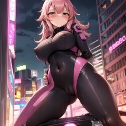 1girls ai_generated blush bodysuit breasts building cameltoe city city_lights cityscape covered_navel covered_nipples female large_breasts long_hair looking_at_viewer night night_sky pink_hair sky skyline skyscraper solo star_(sky) starry_sky