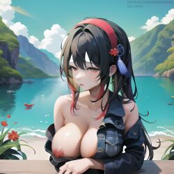 ai_generated black_hair breasts breasts_out cute genshin_impact hu_tao_(genshin_impact) jeans pose posing posing_for_picture posing_for_the_viewer red_eyes sexy_beach stable_diffusion