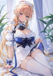 blonde_hair blue_eyes cleavage genshin_impact lace-trimmed_panties large_breasts long_hair maid no_bra panties sangonomiya_kokomi skirt_lift thighhighs youxuemingdie