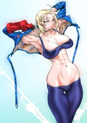 abs athletic_female bad_anatomy blonde_hair blue_eyes cammy_white capcom child_bearing_hips cleavage fit_female hourglass_figure jacket large_breasts lowleg lowleg_pants medium_hair scar sports_bra street_fighter street_fighter_6 yuri-ai