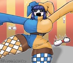 big_breasts blush bowling_pin breasts dark-skinned_female dark_skin duomi_(kalmoire) fan_character female mario_(series) mask nintendo shy_gal spiral_eyes thick_thighs video_games weirdocottonboo wide_hips