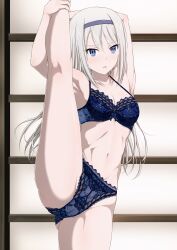 armpits blue_eyes inoshira kaguya-sama_wa_kokurasetai_~tensai-tachi_no_renai_zunousen~ lace lingerie midriff shirogane_kei solo standing_on_one_leg standing_split stretching white_hair