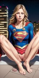 1girls ai_generated barefoot blonde_hair blue_eyes dc dc_comics feet female legs pussy simulacra spread_legs supergirl supergirl_(cw) superheroine upskirt