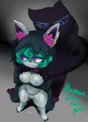 darkafterdark dripping female green_hair inverted_nipples league_of_legends nipples pink_eyes shortstack shy text vex_(league_of_legends) wet_pussy yordle