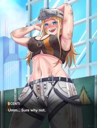 1girls 2023 armpit_fetish armpits big_breasts blonde_hair blue_eyes blush breasts centi_(nikke) clothing commander_(nikke) english english_text female female_focus garuman22 goddess_of_victory:_nikke hi_res highres looking_at_viewer medium_hair midriff solo solo_female solo_focus talking_to_viewer text toned toned_female toned_stomach