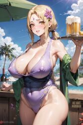 1girls adapted_costume ai_art_panwho ai_generated armpits bar bare_shoulders beach beer beer_mug big_breasts blonde_hair breasts brown_eyes drink female female_focus flower flower_in_hair g-string glass hair_ornament haori hourglass_figure huge_breasts jar large_breasts leotard long_hair looking_at_viewer mature mature_female mature_woman mommy mug naruto naruto_(series) naruto_shippuden nipples nipples_visible_through_clothing no_bra panties partially_clothed revealing_clothes sagging_breasts solo solo_focus sweat sweatdrop swimsuit thick_thighs tied_hair tight_clothing tray tsunade twintails underwear visible_nipples voluptuous waitress wide_hips