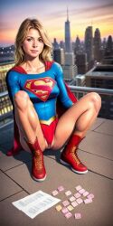 1girls ai_generated blonde_hair blue_eyes condom_wrapper dc dc_comics female pussy simulacra supergirl supergirl_(cw) superheroine