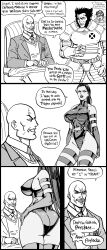 2boys 2girls absurd_res annoyed ass bb_(baalbuddy) black_and_white blush breasts dialogue earrings english_text funny huge_breasts jubilee long_hair marvel marvel_comics monochrome nipple_bulge professor_xavier psylocke short_hair smile speech_bubble tagme thick_thighs three_panels white_background wolverine_(x-men) x-men