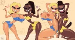 2futas areolae balls bar_censor big_breasts big_penis bikini bikini_bottom bikini_top black_hair black_lipstick blonde_hair boner breast_size_difference breasts bulge censored clothed clothing cum cumming cumshot dark-skinned_futanari dark_skin erection futa_only futanari heart heart_shape hourglass_figure huge_breasts humanoid humanoid_penis knick_knack light-skinned_female light-skinned_futanari light_skin lipstick long_hair looking_at_viewer mahmapuu mostly_nude nipples penis penis_size_difference pixar plastic ponytail red_lipstick small_breasts smile smiling smiling_at_viewer sunglasses sunny_miami thick thick_thighs thighs thin_waist tongue tongue_out