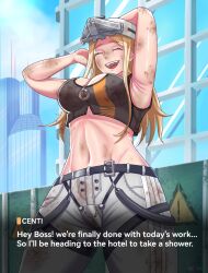 1girls 2023 big_breasts blonde_hair breasts centi_(nikke) closed_eyes clothing commander_(nikke) english english_text female female_focus female_only garuman22 goddess_of_victory:_nikke hi_res high_resolution highres medium_hair midriff solo solo_focus talking_to_viewer text toned toned_female toned_stomach