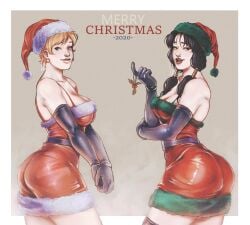 2020 2girls black_hair blonde blonde_hair cheri_ls christmas christmas_clothing christmas_hat christmas_headwear christmas_outfit clothed clothing dragon_ball dragon_ball_z dress erasa female female_only gloves handwear legwear looking_at_viewer multiple_girls no_sex tagme thighhighs tight_clothing videl