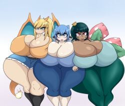 3girls big_ass big_breasts blastoise charizard female female_only gijinka huge_breasts looking_at_viewer luditima multiple_girls pokemon pokemon_(species) thick_ass thick_thighs venusaur