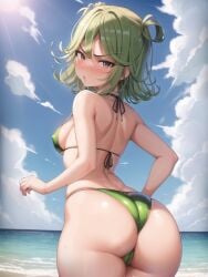 1girls ai_generated angry angry_face ass beach_towel bending_over bent_over big_ass bikini curly_hair day fat_ass fit fit_female green_eyes green_hair green_swimsuit hi_res looking_back nipples one-punch_man small_breasts stable_diffusion string_bikini tatsumaki thick_ass thick_thighs yuqolilos