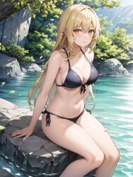 1girls ai_generated aiz_wallenstein bikini blonde_hair blush curvaceous curvy_body curvy_female dungeon_ni_deai_wo_motomeru_no_wa_machigatteiru_darou_ka female_focus female_only high_resolution seductive_look stable_diffusion